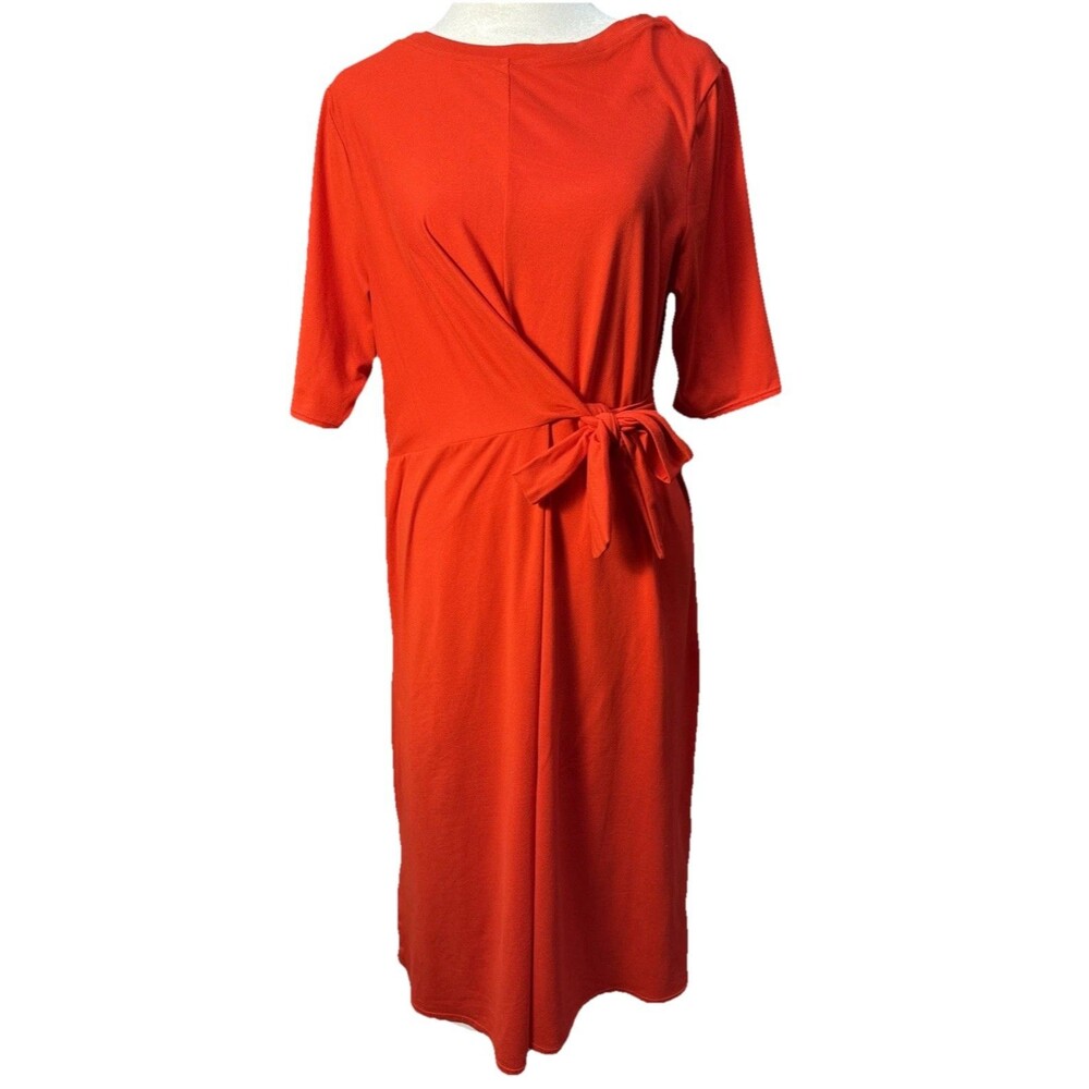 CuddlDuds Red Midi Dress MED Faux Wrap Tie Stretchy SOFT Quiet Luxury Minimalist